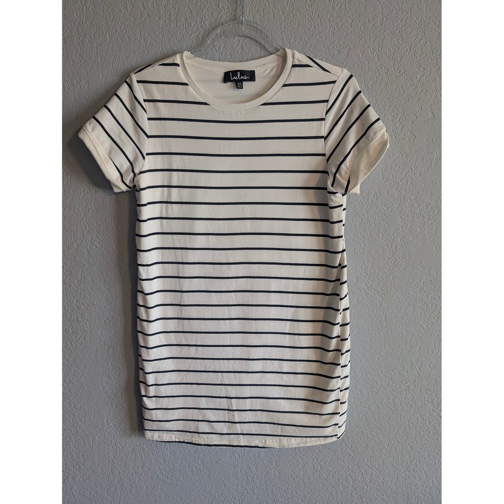 Lulus Striped T Shirt Dress White Black Cuffed Short Sleeve Mini XS Lined